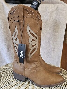 Madden NYC Women's Tan Suede Western Heeled Boots with Cutout Detail